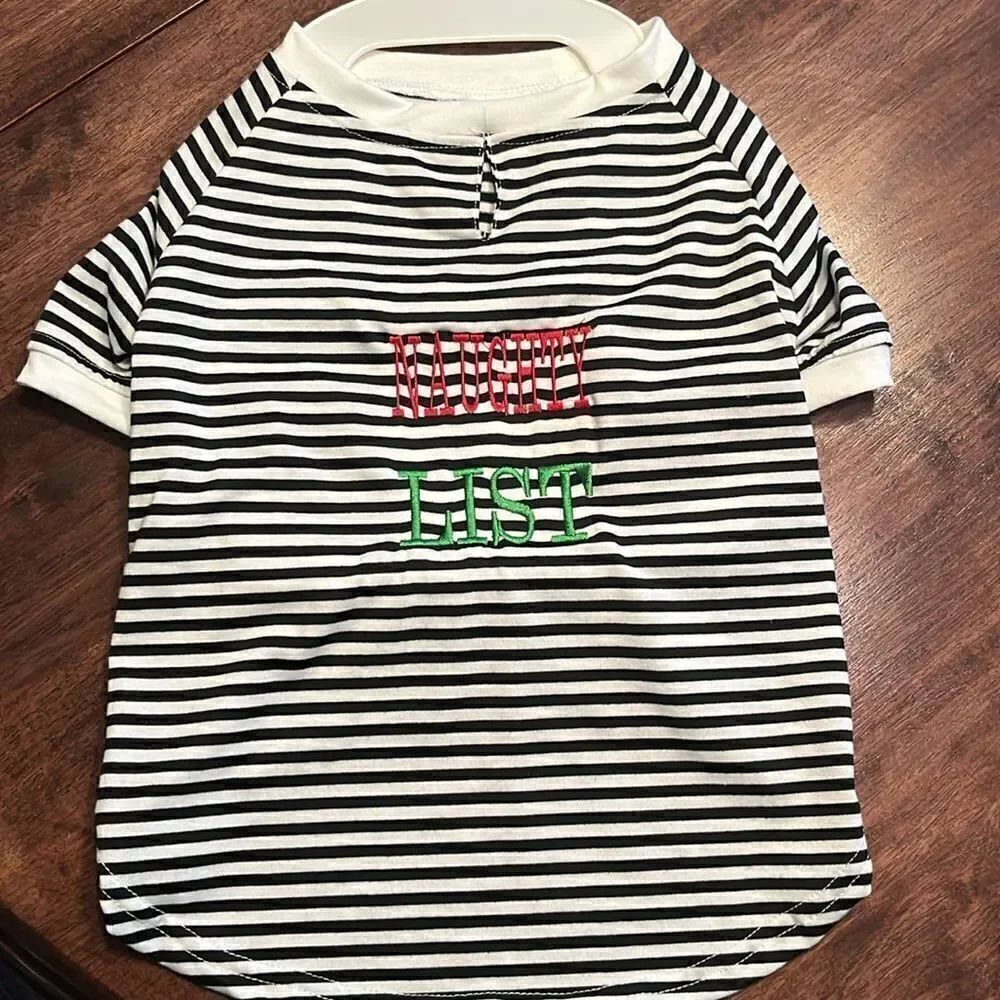 Tails & Noses Everyday Black White Striped Dog Christmas Shirt Naughty List- Lge